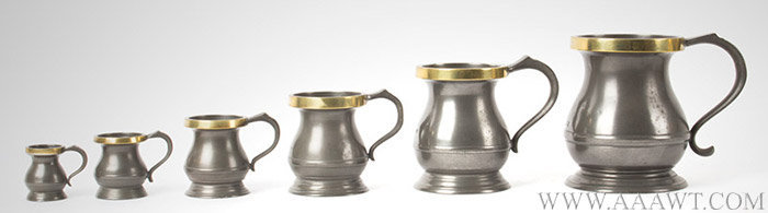 Pewter, Brass Rim Lidless Measures, Baluster, Set of Six, 19th Century, entire view